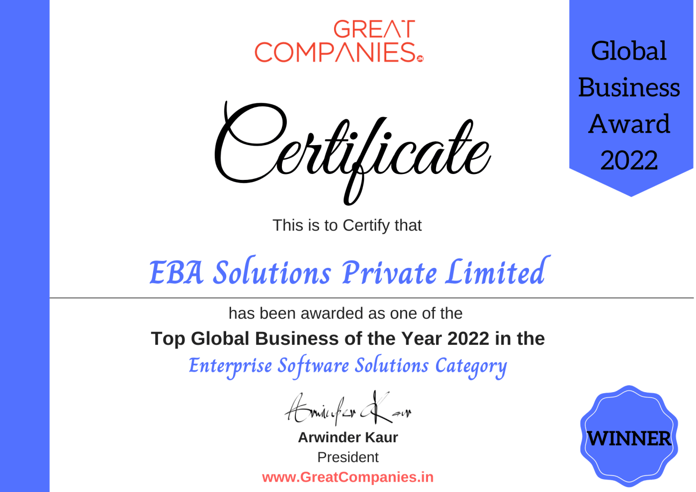 Greate companies certificate